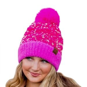 Sequin Pom-Pom Beanie - Pink, Black, White